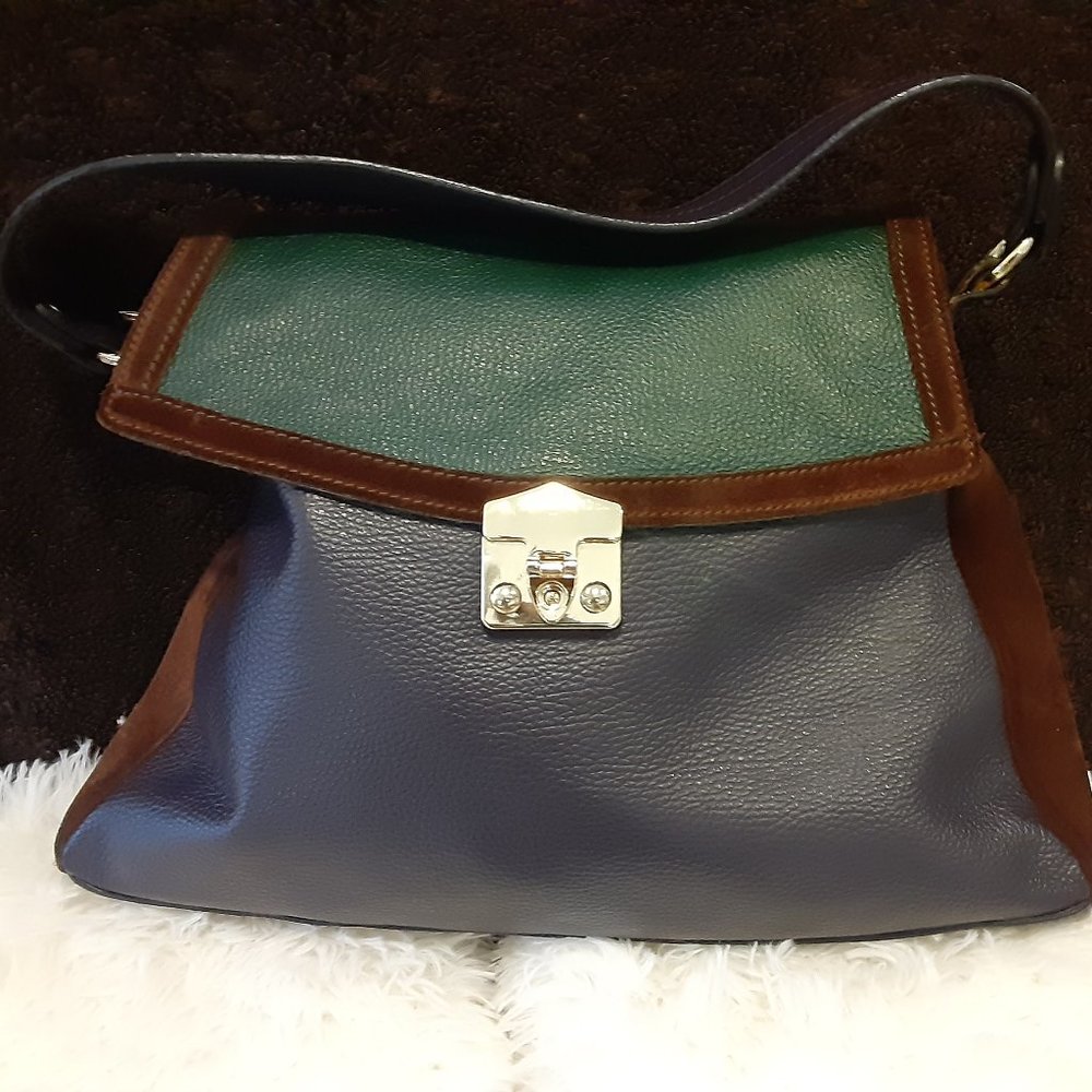 Blue Leather brown suede trim handbag